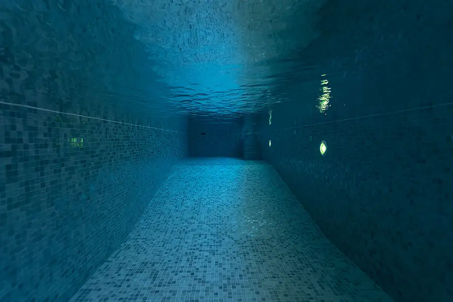 Underwater view of an indoor pool